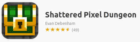 Captura de pantalla del gestor de software Ubuntu. Icono de Shattered Pixel Dungeon (un cofre verde y dorado con estética pixel) junto al nombre del juego, su autor (Evan Debenham) y la valoración de los usuarios (4.5 estrellas, 49 reviews).