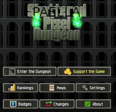 Captura de pantalla de la pantalla Shattered Pixel Dungeon. Encima de la palabra Shattered está escrito "Paella" de manera bastante cutre.