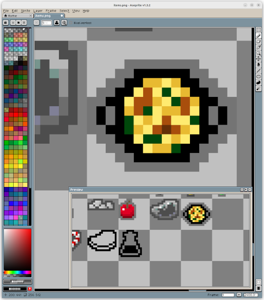Captura de pantalla de Aseprite mostrando una paella pixelada.