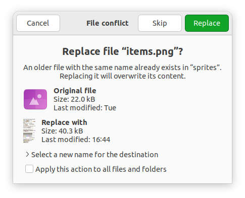 Captura de pantalla de una ventaja de aviso al copiar un fichero: Replace file "items.png"? Original size 22.0 kB. Replace with size 40.3 kB