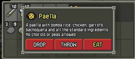 Captura de pantalla de Shattered Pixel Dungeon. Muestra la descripción de la paella: A paella with bomba rice, chicken, garrofó, bachoqueta and all the standard ingredients. No chorizo or peas allowed.
