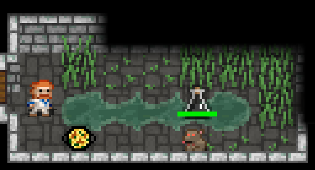 Captura de pantalla de Shattered Pixel Dungeon. Muestra una habitación en la que aparece una paella