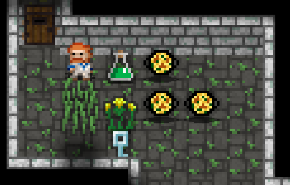 Captura de pantalla de Shattered Pixel Dungeon. Muestra una habitación en la que aparecen 3 paellas