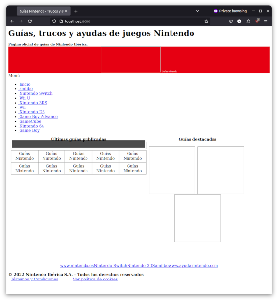 Captura de pantalla de la página Guias Nintendo. Se ve muy mal