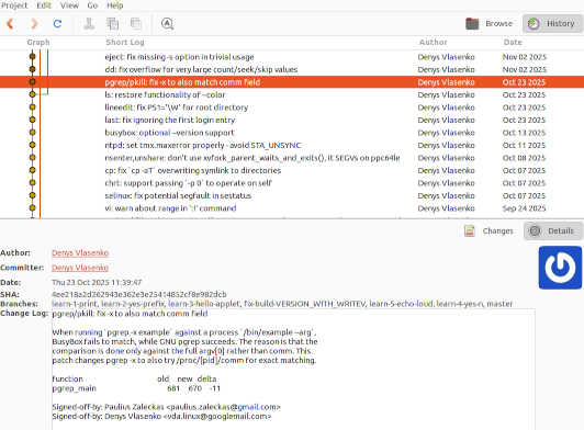 Captura de pantalla de Giggle mostrando el commit del primer ejercicio de este artículo