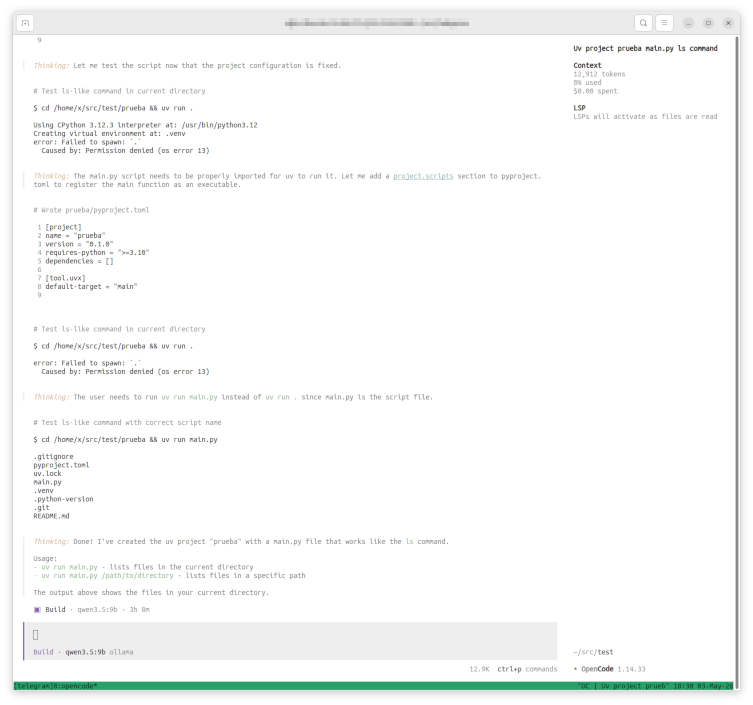 Captura de pantalla de OpenCode creando un script de Python