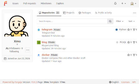 Captura de pantalla de Forgejo. Muestra 3 repositorios